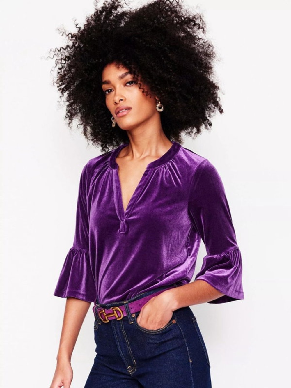 Boden Notch Neck Frill Purple Velvet Bell Sleeve Top